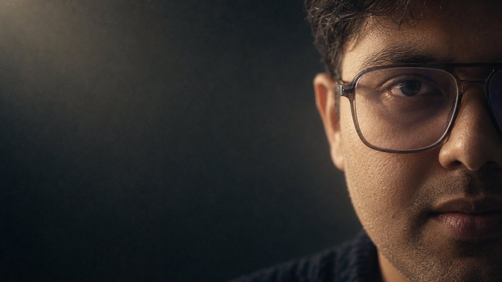 Portrait of Sambit Kumar Sahu, lit from one side against a dark ground